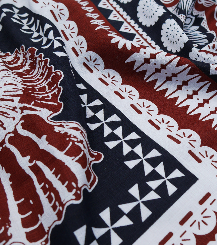 COTTON DOBBY PACIFIC FIJIAN PRINT $10.00P/M - WHITE & COCOA (DESIGN A)