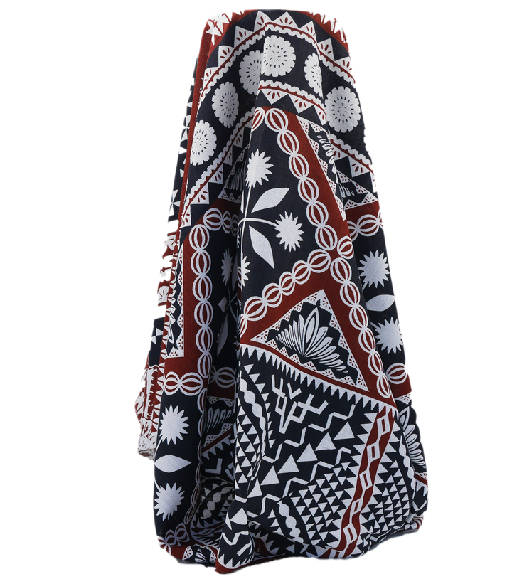 COTTON DOBBY PACIFIC FIJIAN PRINT $10.00P/M - WHITE & COCOA (DESIGN A)