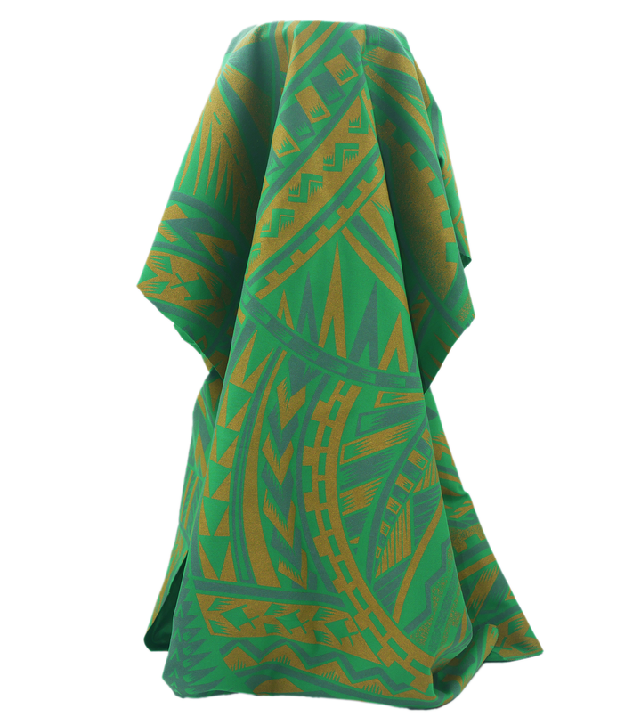 Stretch Polyester Pacific Print $12.00p/m Design F   Green, Grey & Gold