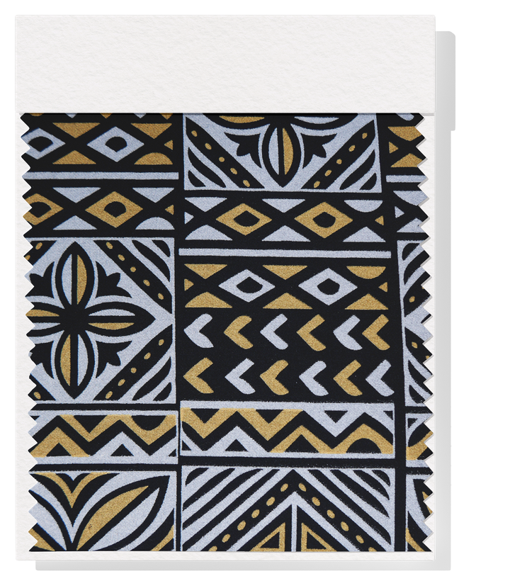 Stretch Polyester Pacific Print $12.00p/m Design #21 - Black, Silver & Gold