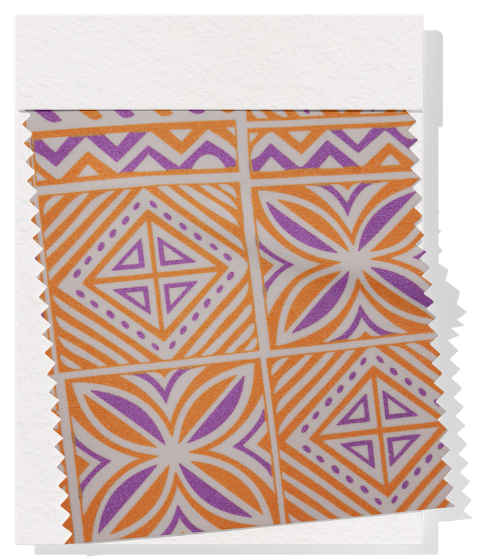 Stretch Polyester Pacific Print $12.00p/m Design #22 - Cream, Purple & Gold