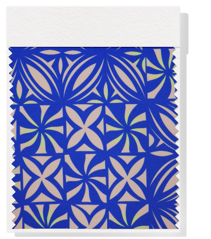 Stretch Polyester Pacific Print $12.00p/m Design #25 - Royal, Beige & Yellow