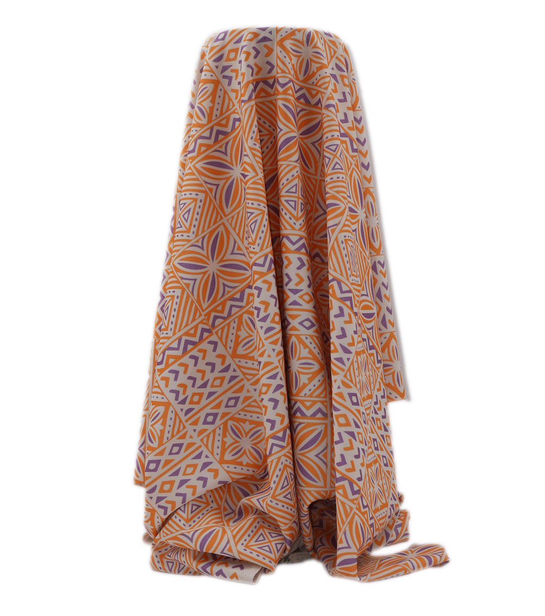 Stretch Polyester Pacific Print $12.00p/m Design #22 - Cream, Purple & Gold