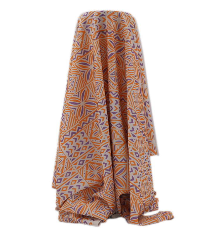 Stretch Polyester Pacific Print $12.00p/m Design #22 - Cream, Purple & Gold