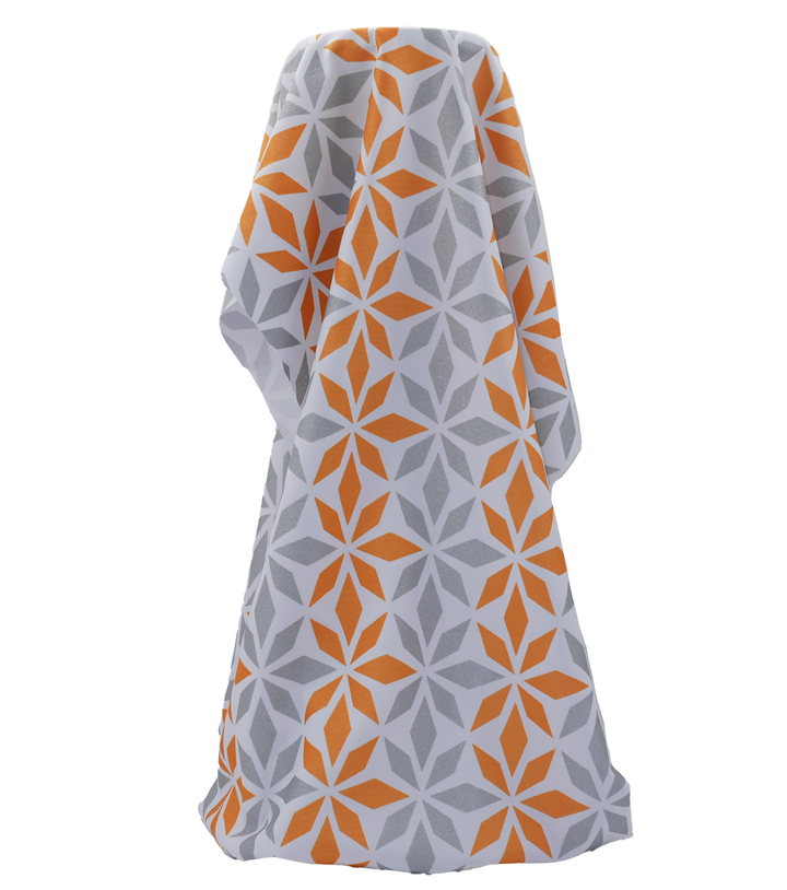 Stretch Polyester Pacific Print $12.00p/m Design D   White, Golden Yellow & Silver