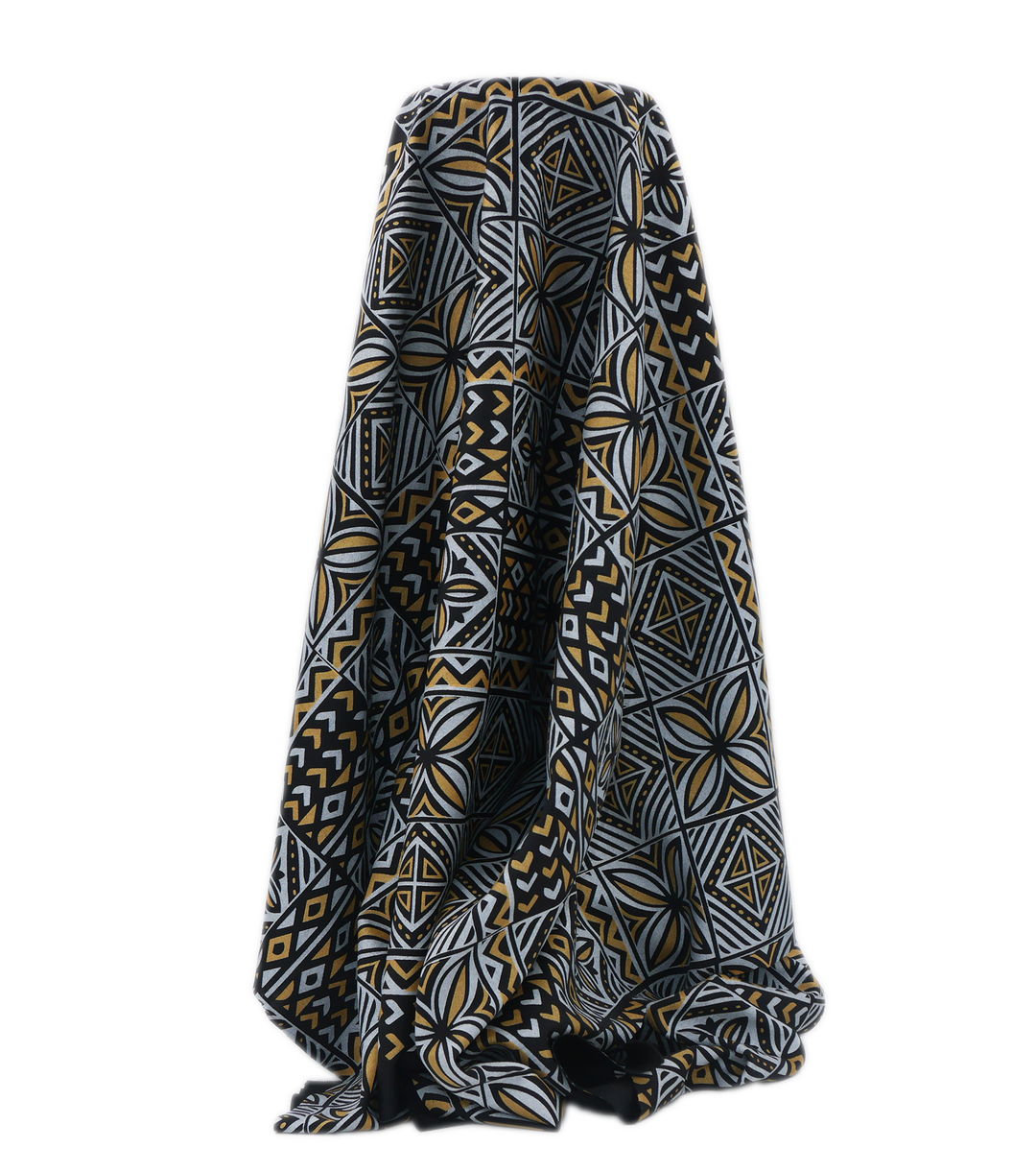 Stretch Polyester Pacific Print $12.00p/m Design #21 - Black, Silver & Gold