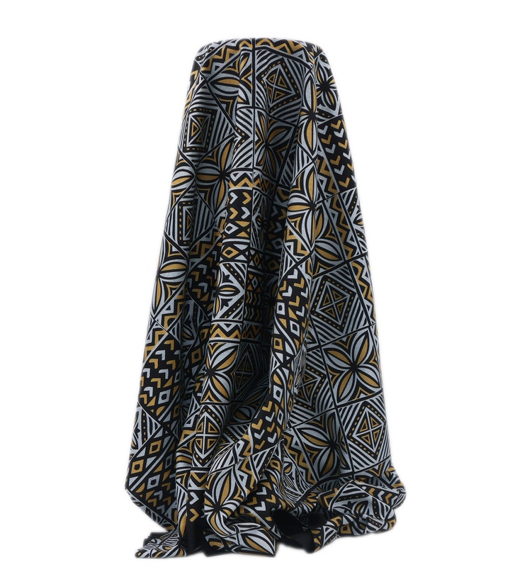 Stretch Polyester Pacific Print $12.00p/m Design #21 - Black, Silver & Gold