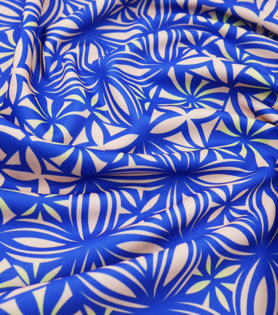 Stretch Polyester Pacific Print $12.00p/m Design #25 - Royal, Beige & Yellow