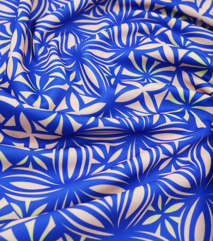 Stretch Polyester Pacific Print $12.00p/m Design #25 - Royal, Beige & Yellow