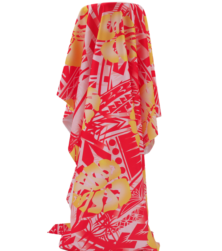 Stretch Polyester Pacific Print $12.00p/m Design A   Red, Pink & Yellow