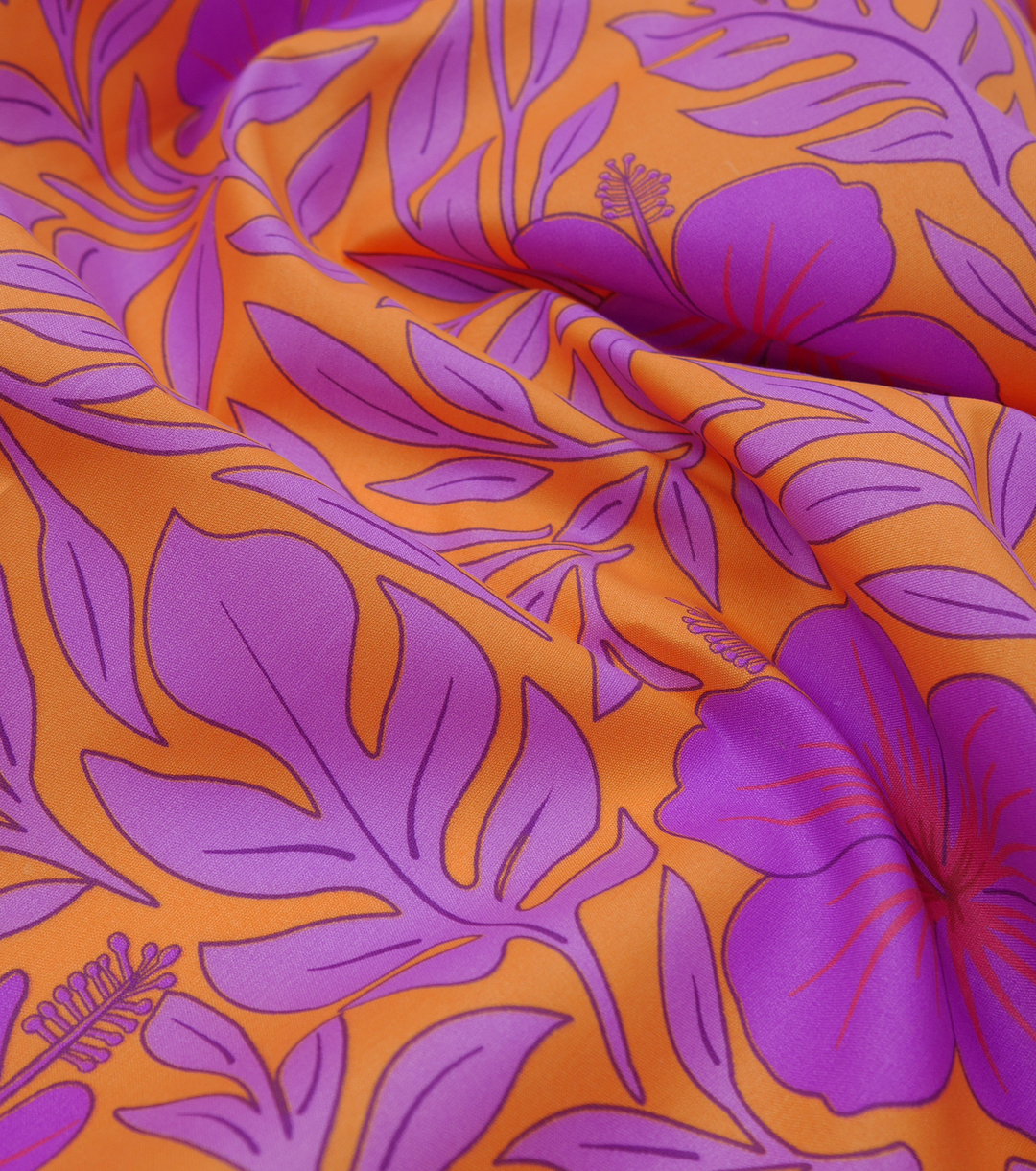 POLYESTER / COTTON PACIFIC PRINT $3.00P/M- ORANGE & PURPLE