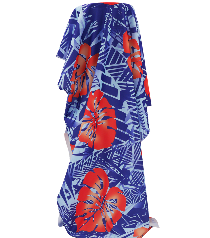 Stretch Polyester Pacific Print $12.00p/m Design A   Purple, Baby Blue & Orange