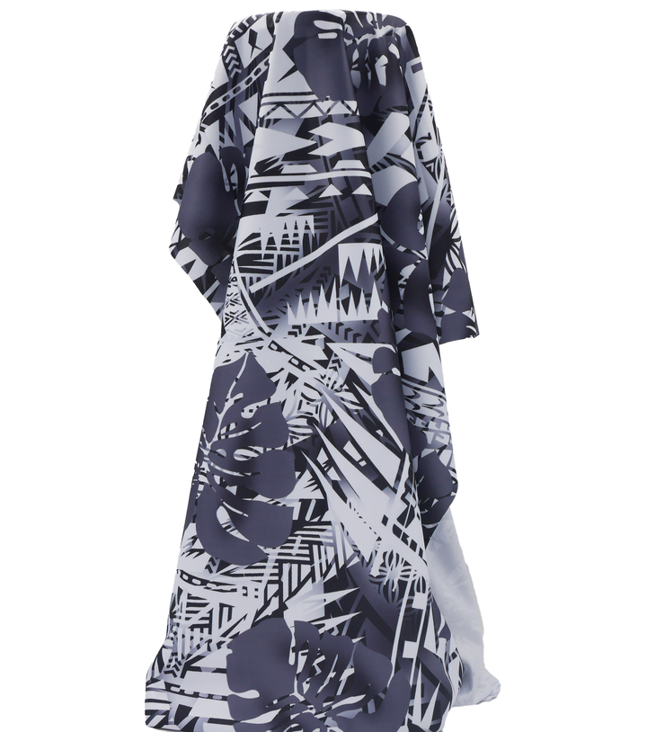 Stretch Polyester Pacific Print $12.00p/m Design A   White, Grey & Black
