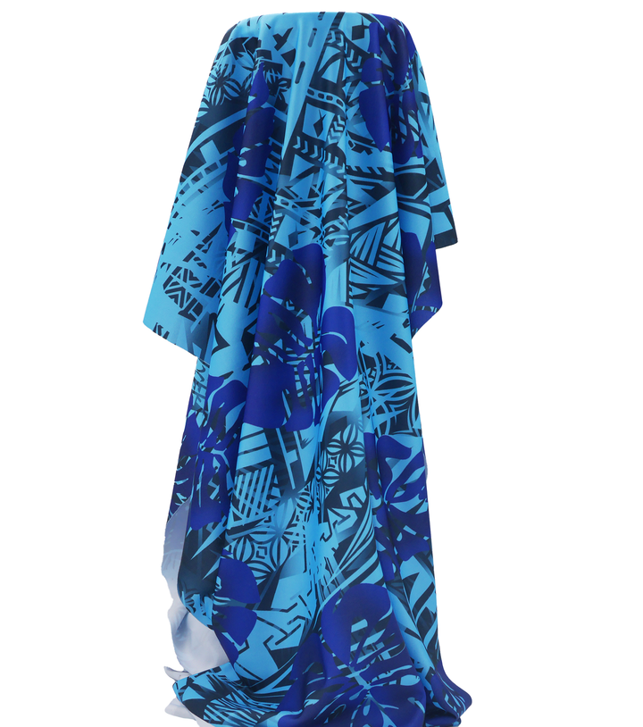 Stretch Polyester Pacific Print $12.00p/m Design A   Blue & Black