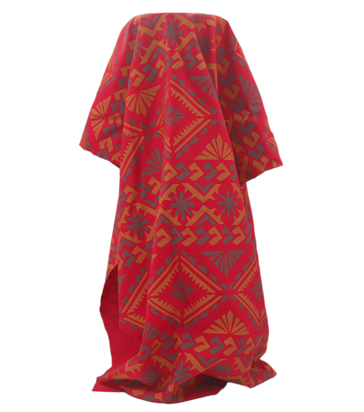 Stretch Polyester Pacific Print $12.00p/m  Design E   Red, Silver & Gold