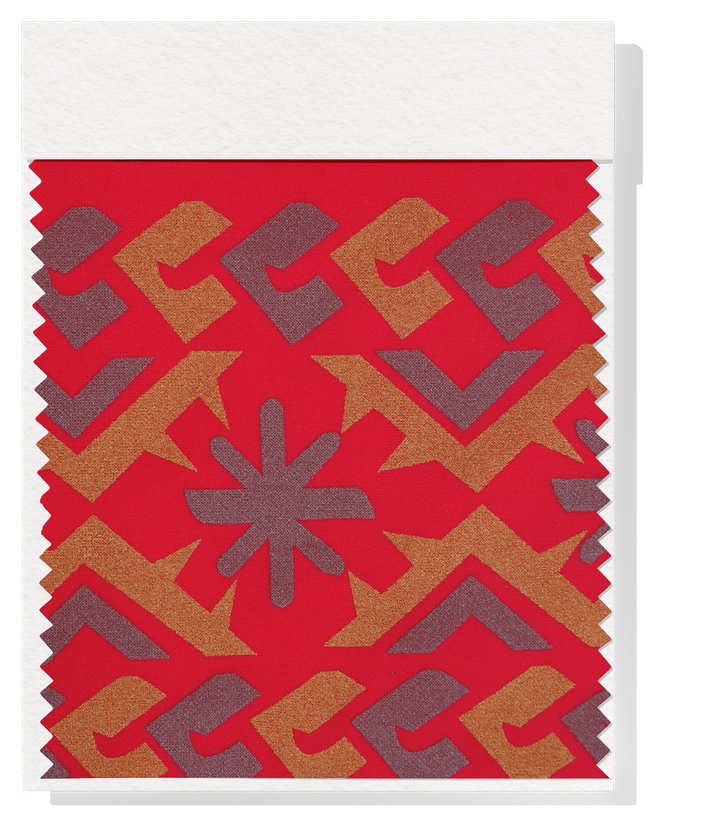 Stretch Polyester Pacific Print $12.00p/m  Design E   Red, Silver & Gold