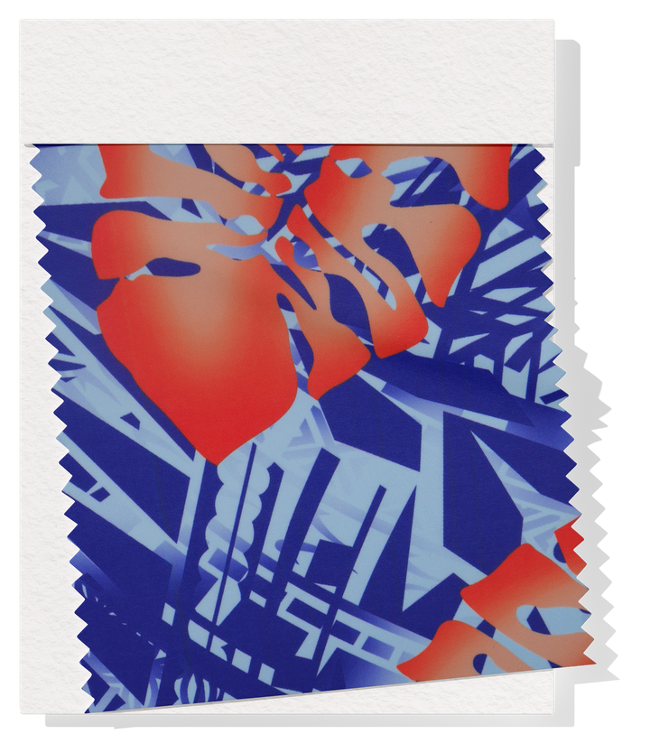 Stretch Polyester Pacific Print $12.00p/m Design A   Purple, Baby Blue & Orange