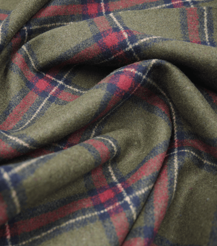 CHECKED WOOL $18.00P/M - Olive &amp; Burgundy Check - The Fabric Shop
