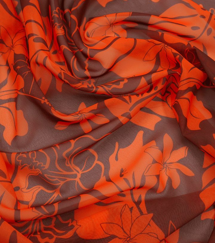 CHIFFON PACIFIC PRINT $9.00P/M - Maroon &amp; Orange - The Fabric Shop