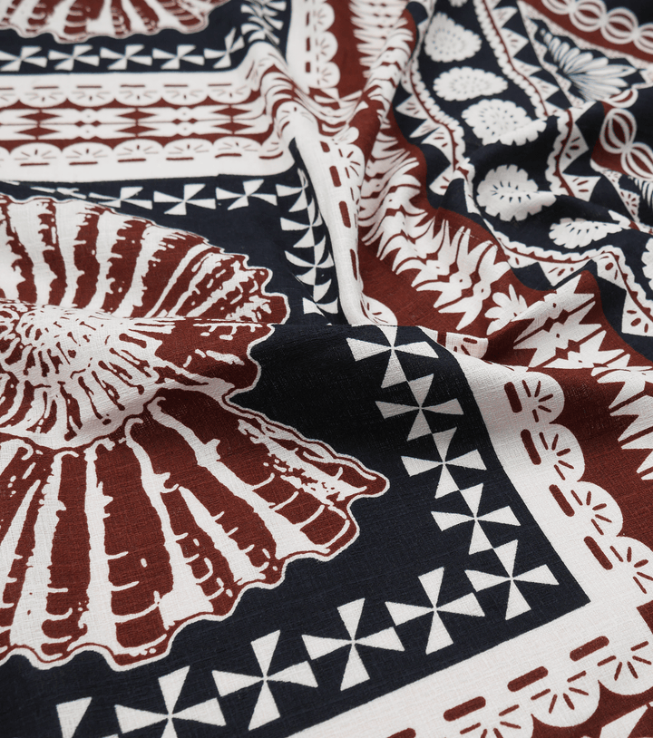 COTTON DOBBY PACIFIC FIJIAN PRINT $10.00P/M - Ivory &amp; Cocoa (DESIGN A) - The Fabric Shop