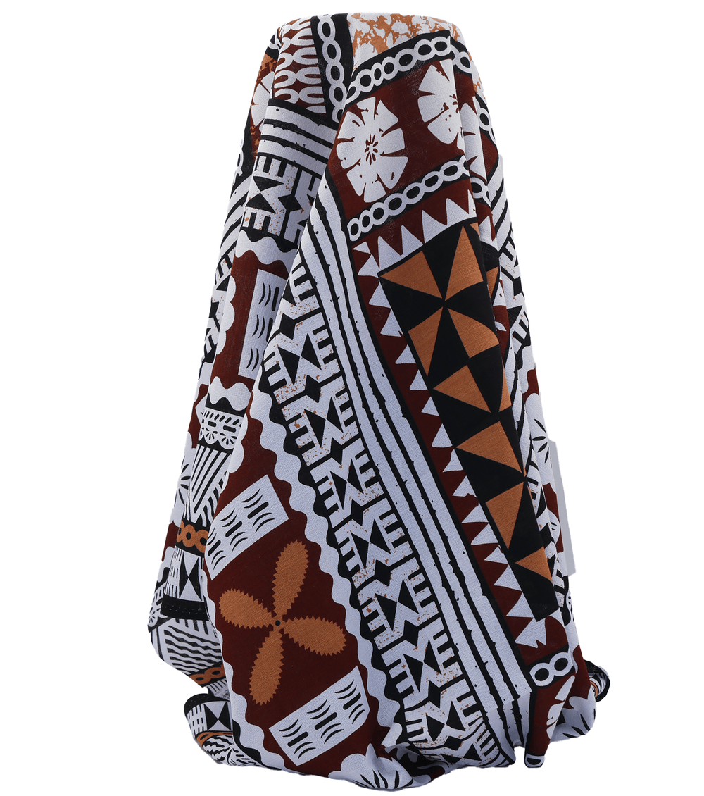 COTTON DOBBY PACIFIC FIJIAN PRINT $10.00P/M - WHITE & BROWN (DESIGN B) - The Fabric Shop