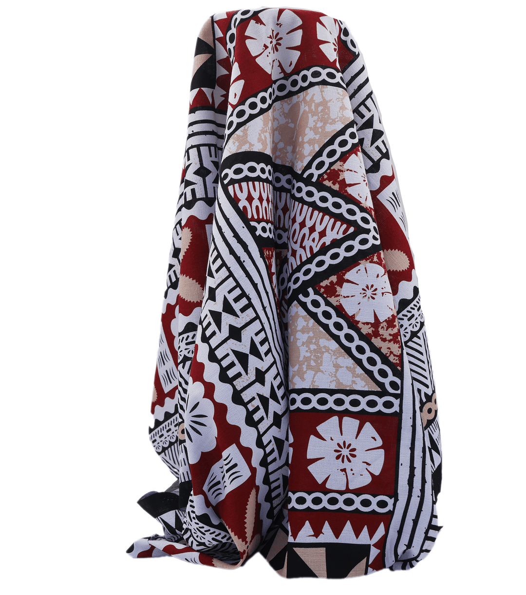 COTTON DOBBY PACIFIC FIJIAN PRINT $10.00P/M - White &amp; Red (DESIGN B) - The Fabric Shop