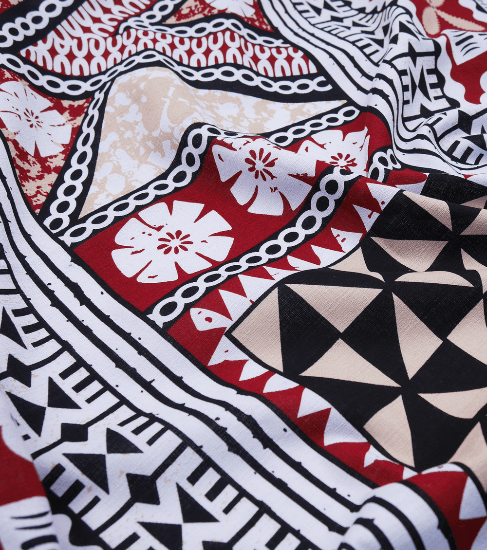 COTTON DOBBY PACIFIC FIJIAN PRINT $10.00P/M - White & Red (DESIGN B) - The Fabric Shop