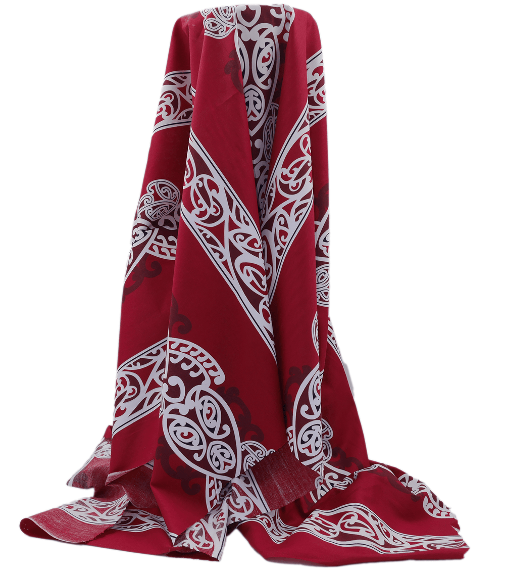 COTTON MAORI KORU DESIGN $8.00P/M - maroon - The Fabric Shop