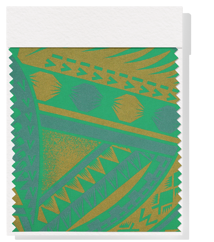 Stretch Polyester Pacific Print $12.00p/m Design F   Green, Grey & Gold