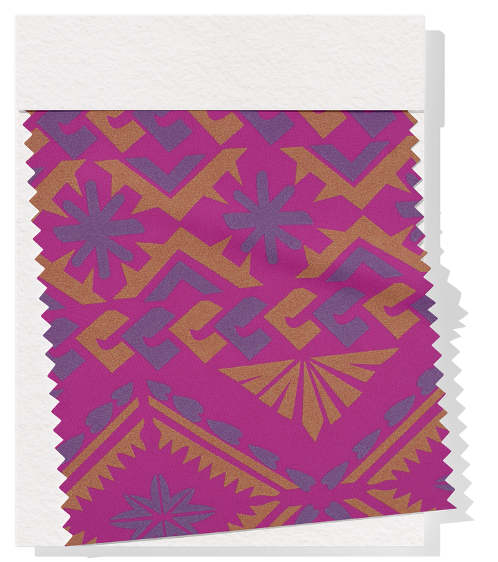 Stretch Polyester Pacific Print $12.00p/m  Design E   Pink, Silver & Gold