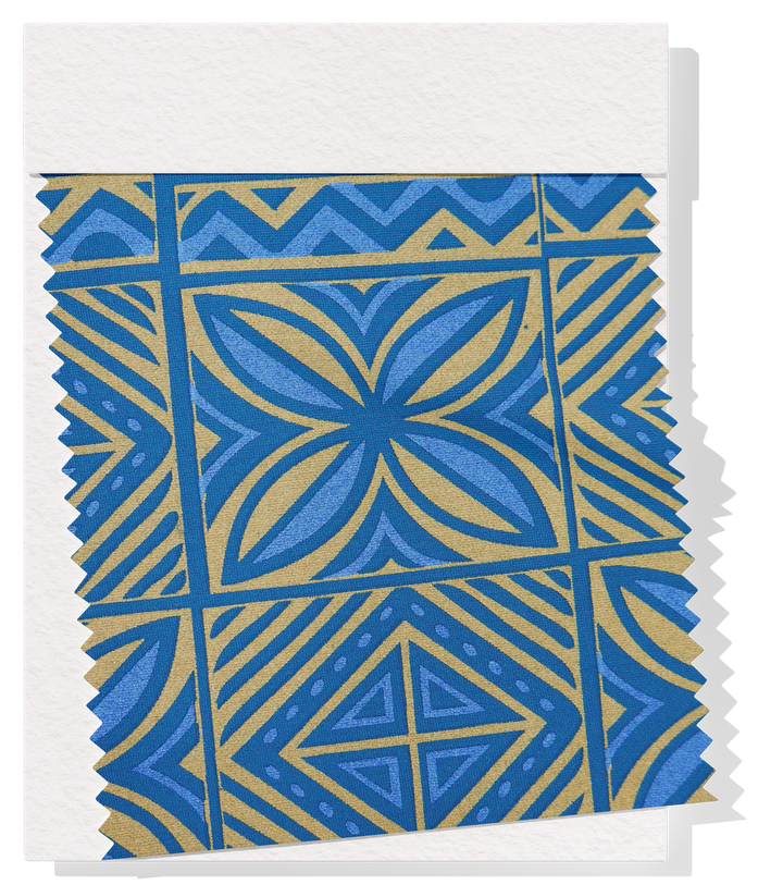 Stretch Polyester Pacific Print $12.00p/m Design #20 - Blue & Gold