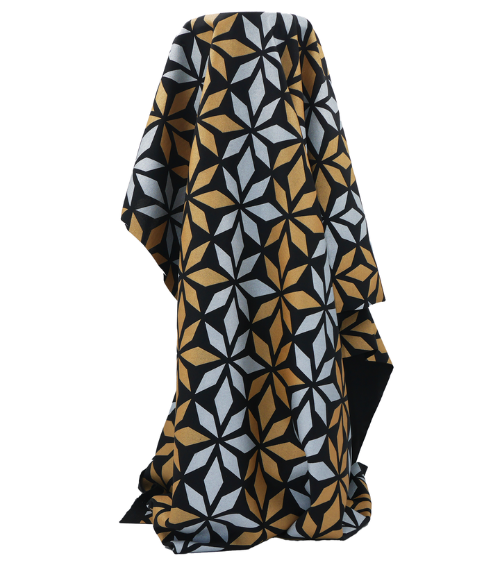 Stretch Polyester Pacific Print $12.00p/m Design D   Black, Silver & Gold