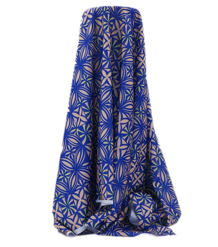 Stretch Polyester Pacific Print $12.00p/m Design #25 - Royal, Beige & Yellow