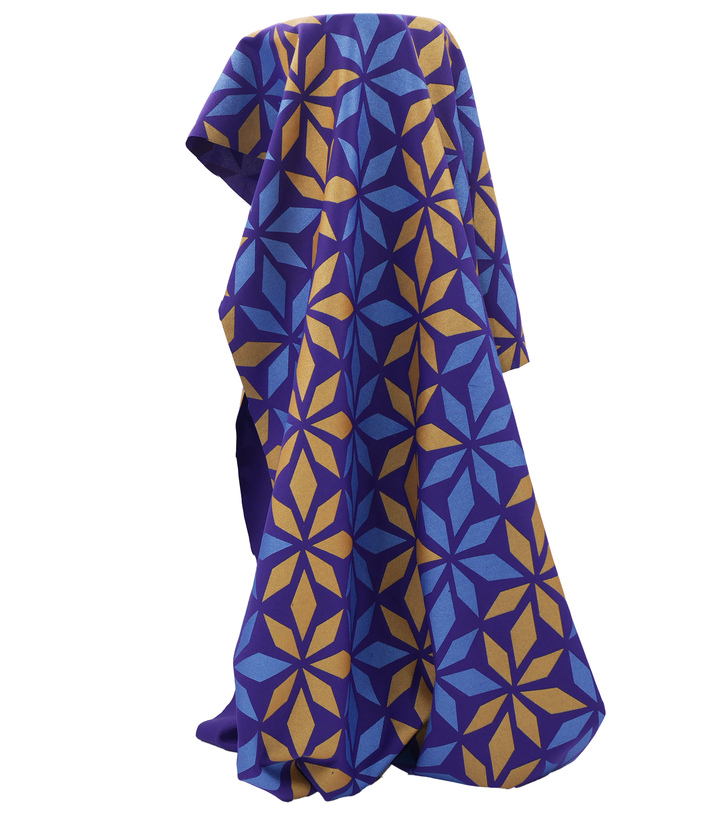 Stretch Polyester Pacific Print $12.00p/m Design D   Purple, Gold & Denim Blue