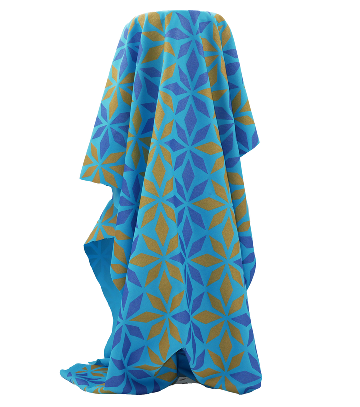 Stretch Polyester Pacific Print $12.00p/m Design D   Light Blue, Purple & Gold