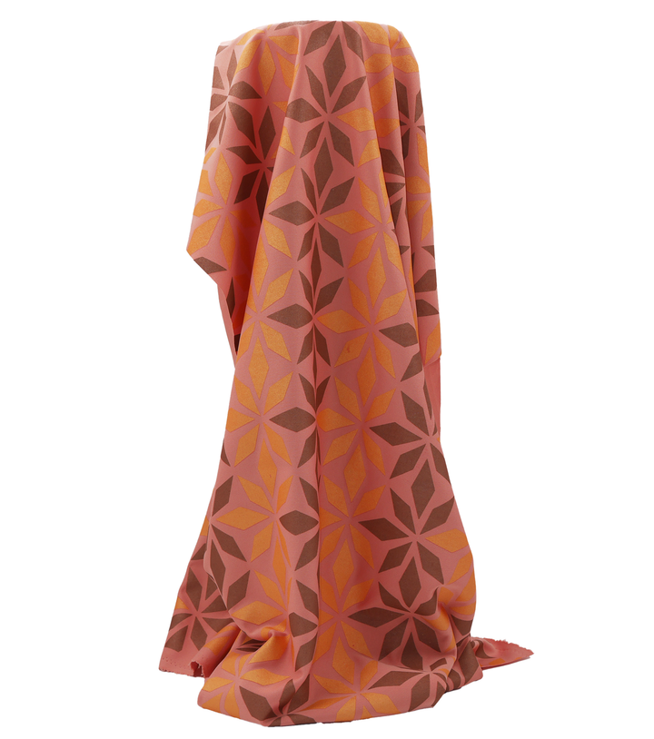 Stretch Polyester Pacific Print $12.00p/m Design D   Peach Pink, Brown & Gold