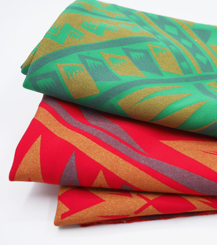 Stretch Polyester Pacific Print $12.00p/m  Design F   Red, Silver & Gold