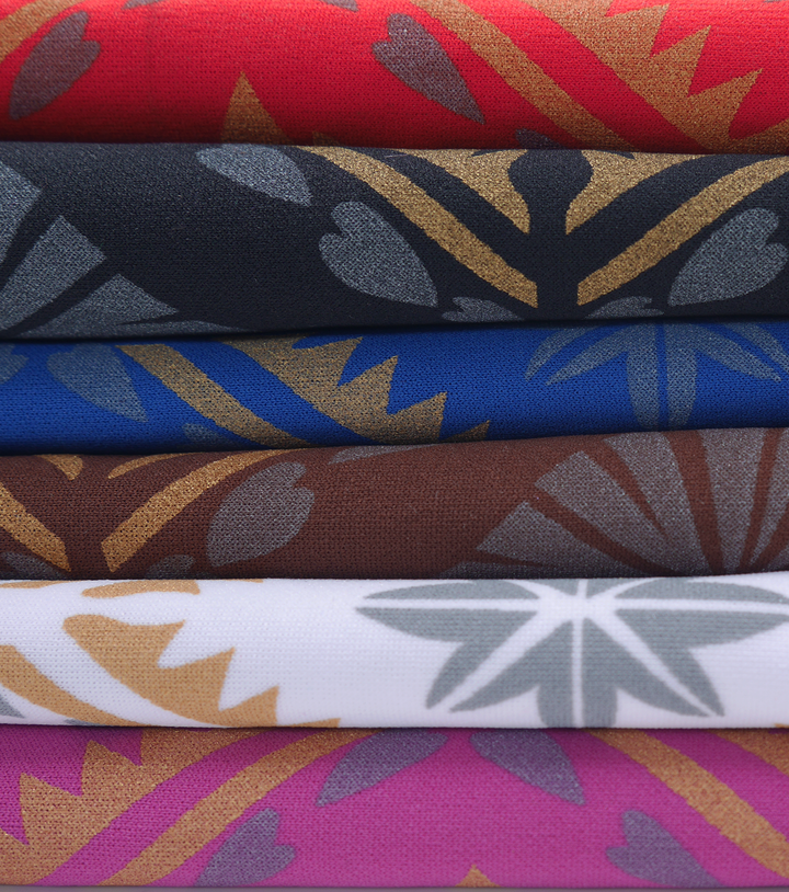 Stretch Polyester Pacific Print $12.00p/m  Design E   Pink, Silver & Gold