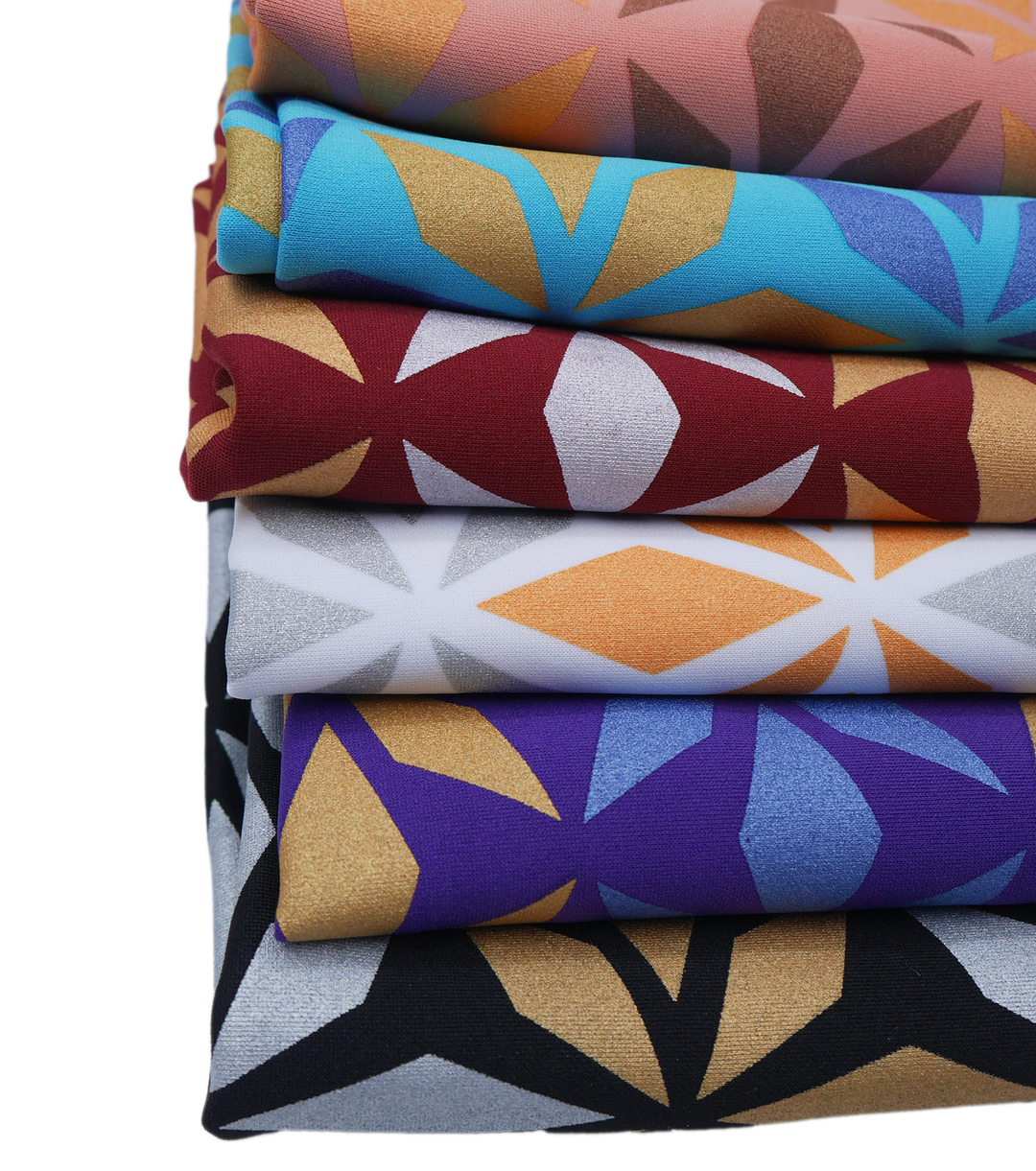 Stretch Polyester Pacific Print $12.00p/m Design D   White, Golden Yellow & Silver