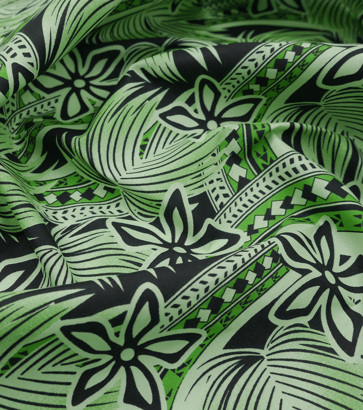 POLYESTER / COTTON PACIFIC PRINT $3.00P/M - GREEN &amp; BLACK - The Fabric Shop