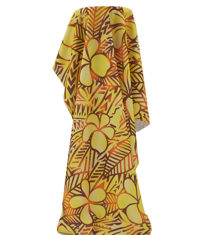 Stretch Polyester Pacific Print $12.00p/m Design B   Yellow & Brown