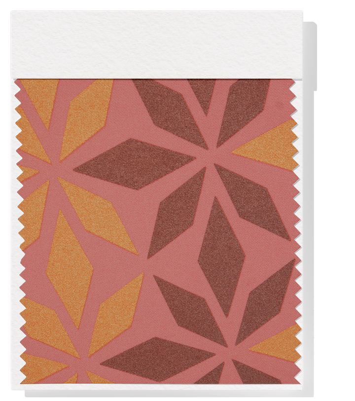 Stretch Polyester Pacific Print $12.00p/m Design D   Peach Pink, Brown & Gold