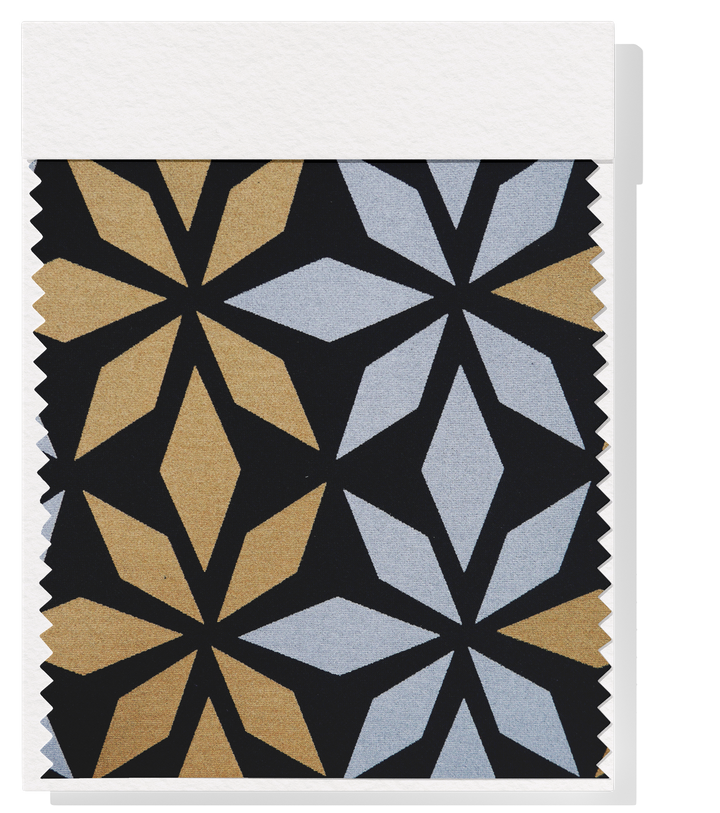Stretch Polyester Pacific Print $12.00p/m Design D   Black, Silver & Gold