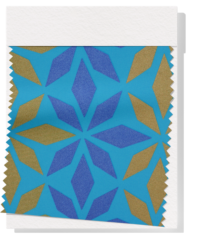 Stretch Polyester Pacific Print $12.00p/m Design D   Light Blue, Purple & Gold