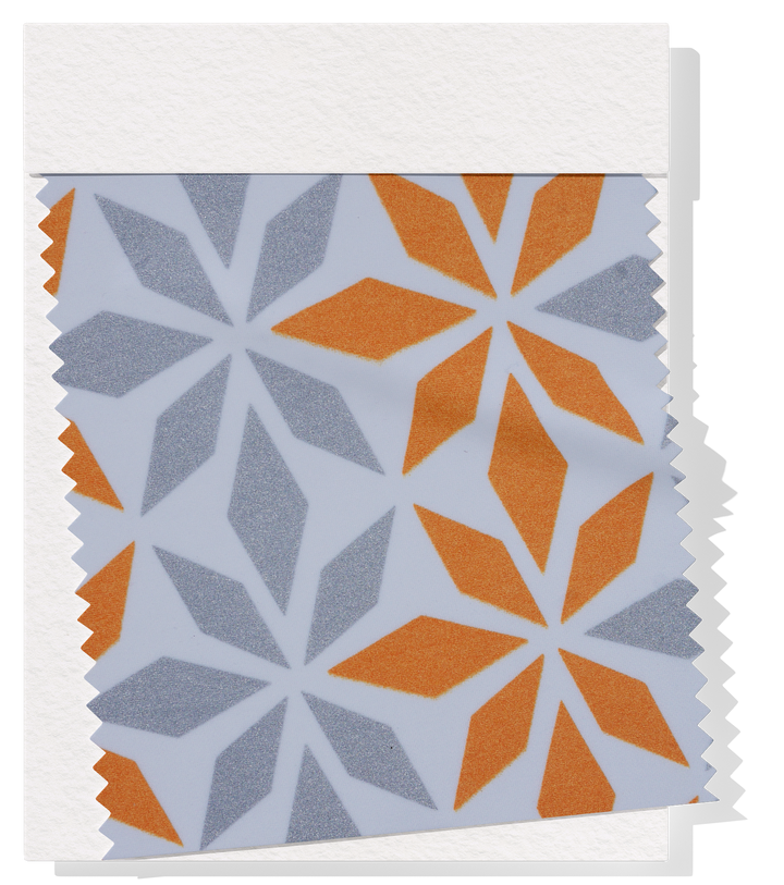 Stretch Polyester Pacific Print $12.00p/m Design D   White, Golden Yellow & Silver