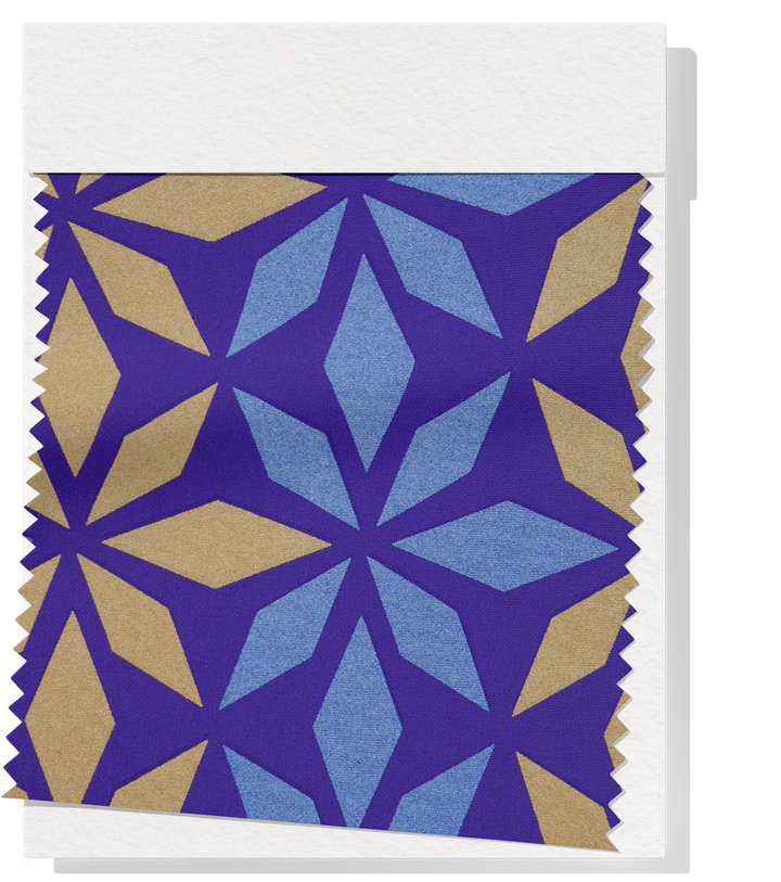 Stretch Polyester Pacific Print $12.00p/m Design D   Purple, Gold & Denim Blue