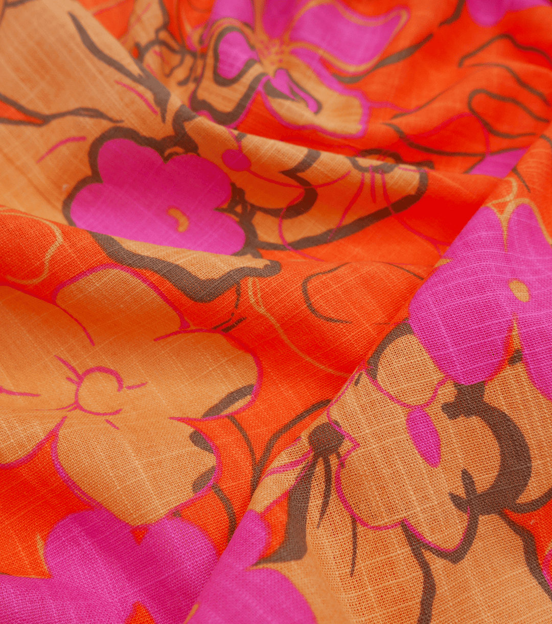PRINTED LINEN/ COTTON $16.00 P/M - Sunset Coral - The Fabric Shop