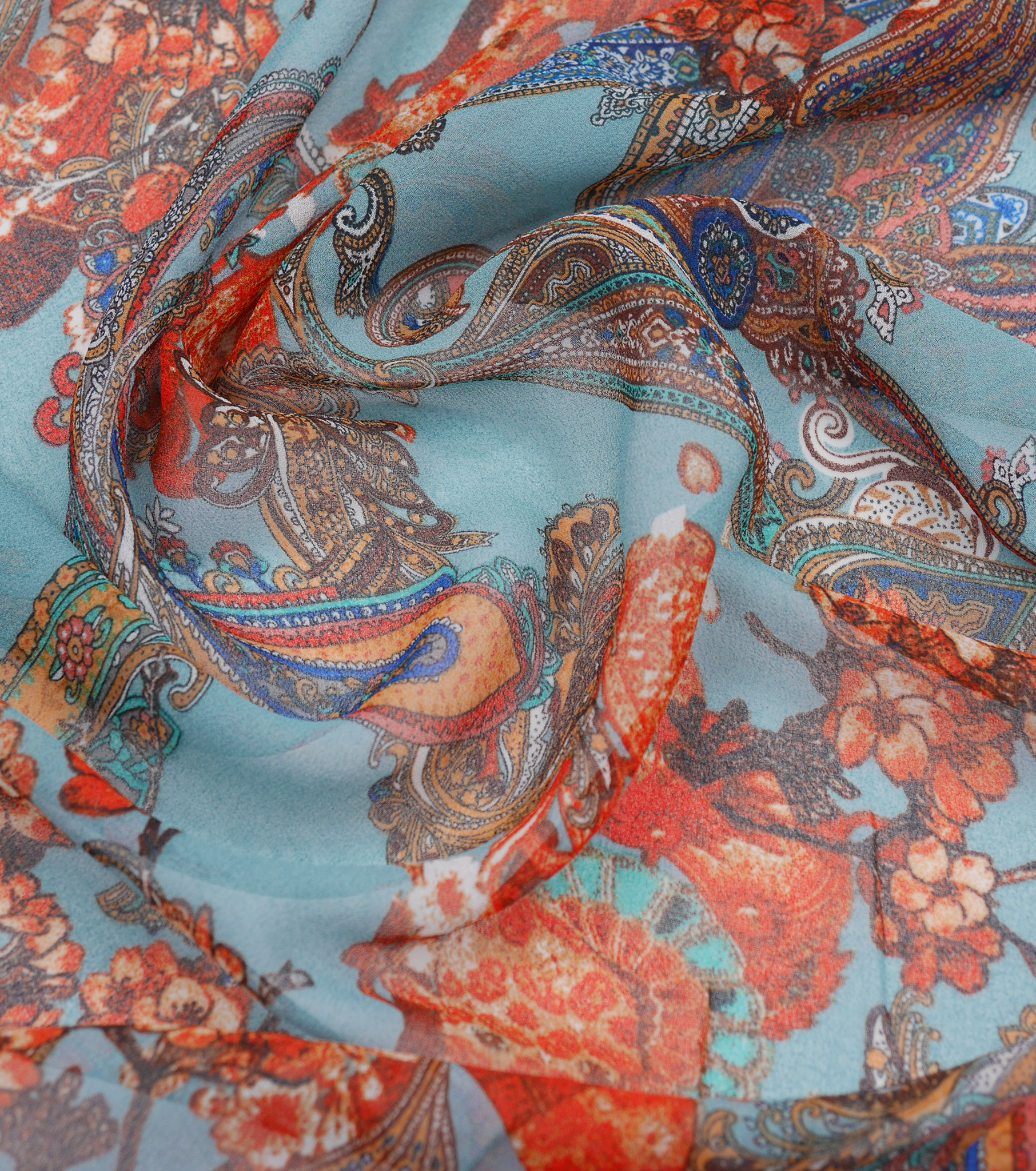 PRINTED POLYESTER $5.00P/M - Coral Paisley Garden - The Fabric Shop