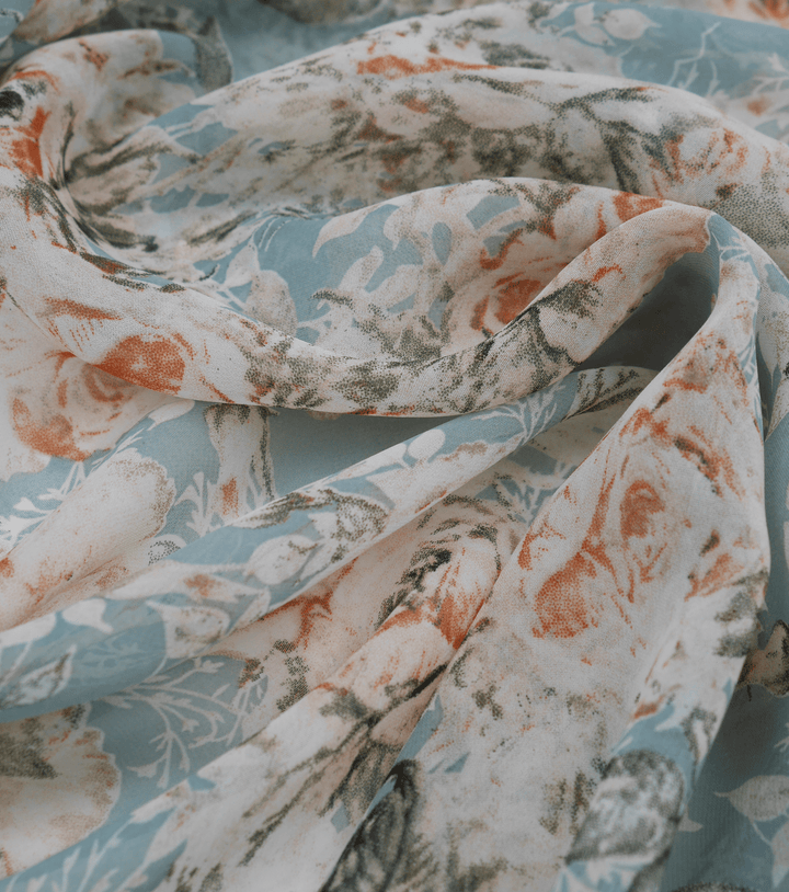 PRINTED POLYESTER $5.00P/M - Powder Blue Rose Garden - The Fabric Shop