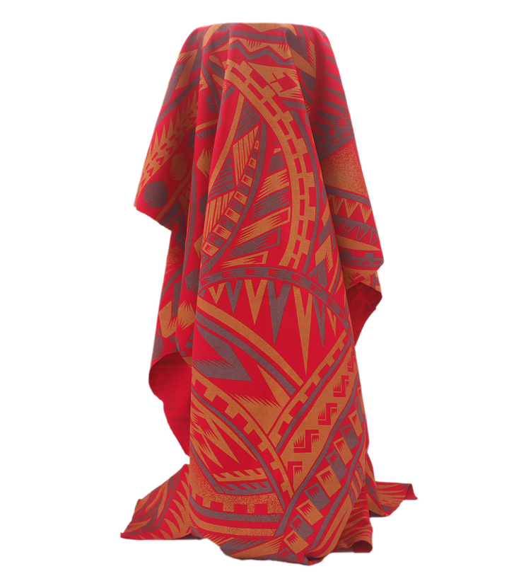 Stretch Polyester Pacific Print $12.00p/m  Design F   Red, Silver & Gold